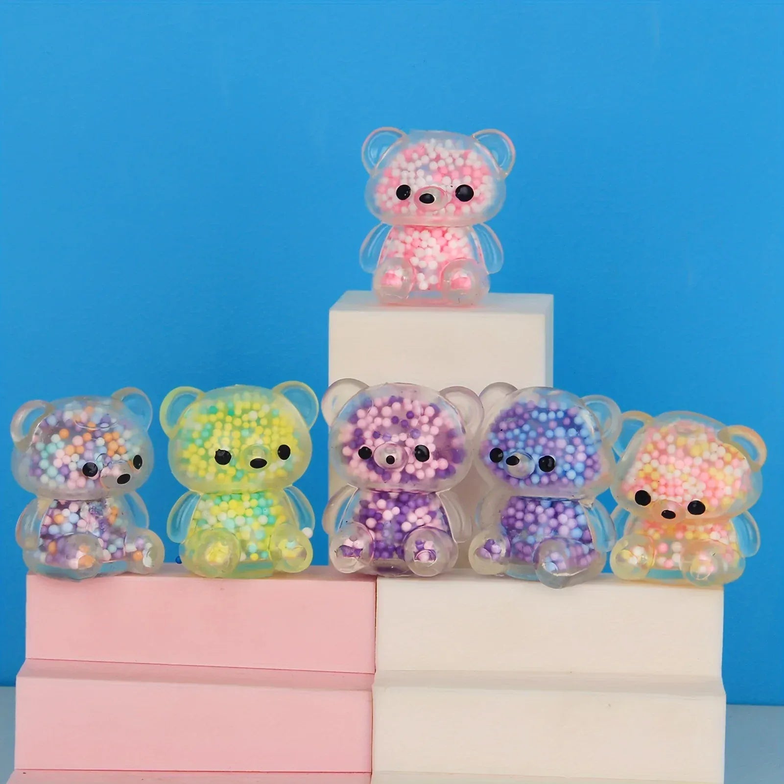 Mini Glitter Gummy Bear Stress Balls - 6 Pack Squishy Fidget Toys